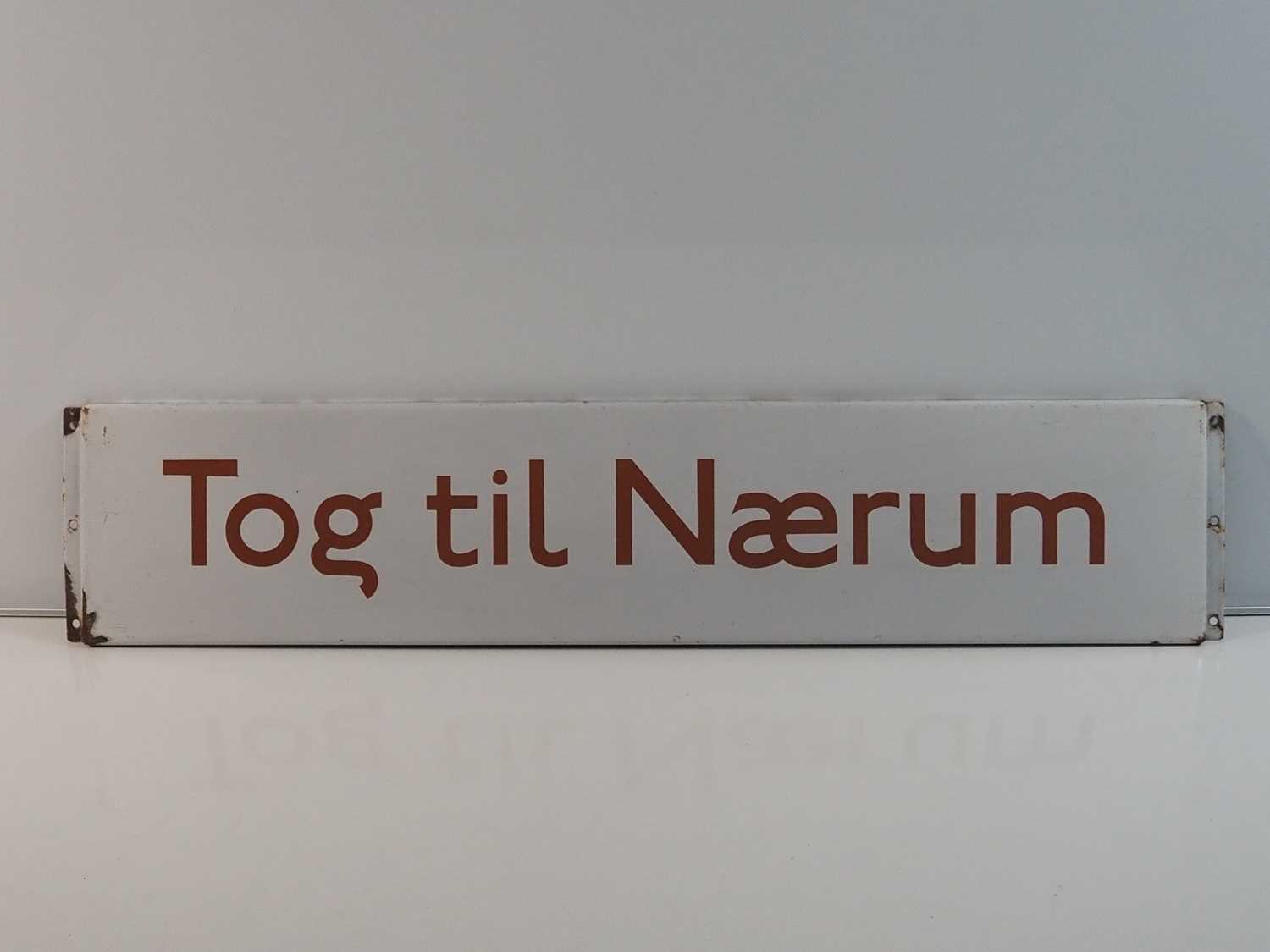 Lot 330 - A Danish railway flanged enamel sign 'Tog til...