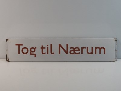 Lot 330 - A Danish railway flanged enamel sign 'Tog til...