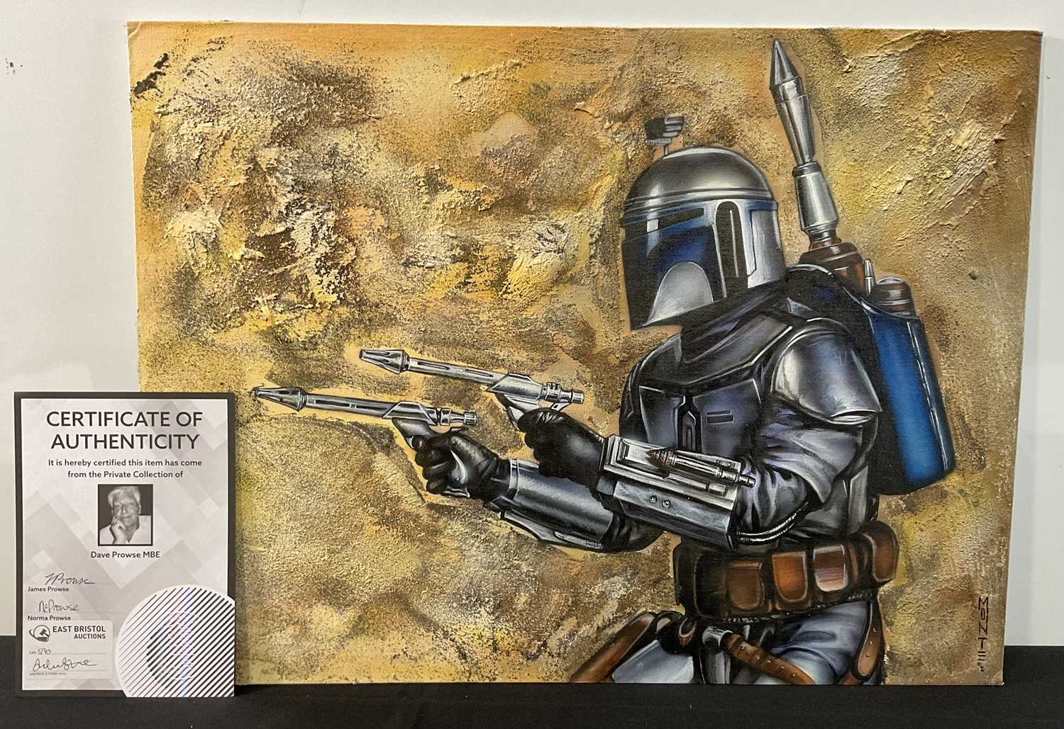 Lot 806 - A texturised STAR WARS painting of JANGO FETT...