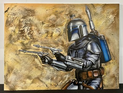 Lot 806 - A texturised STAR WARS painting of JANGO FETT...