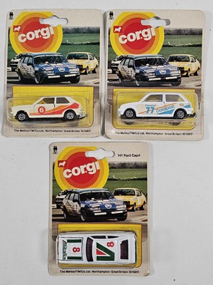 Lot 229 - CORGI Juniors on racing car picture backs (3) -...