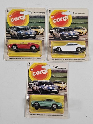 Lot 230 - CORGI Juniors on racing car picture backs (3) -...