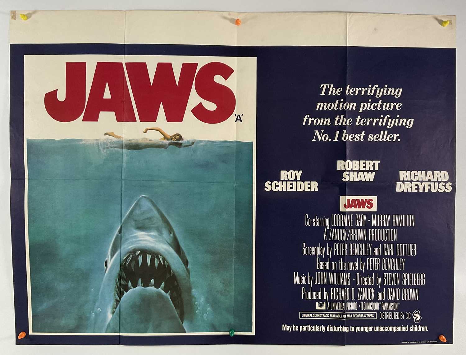 Lot 261 - JAWS (1975) UK Quad film poster featuring one...