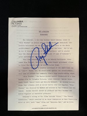 Lot 567 - An autographed ROY SCHEIDER biography sheet...