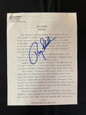Lot 383 - An autographed ROY SCHEIDER biography sheet...