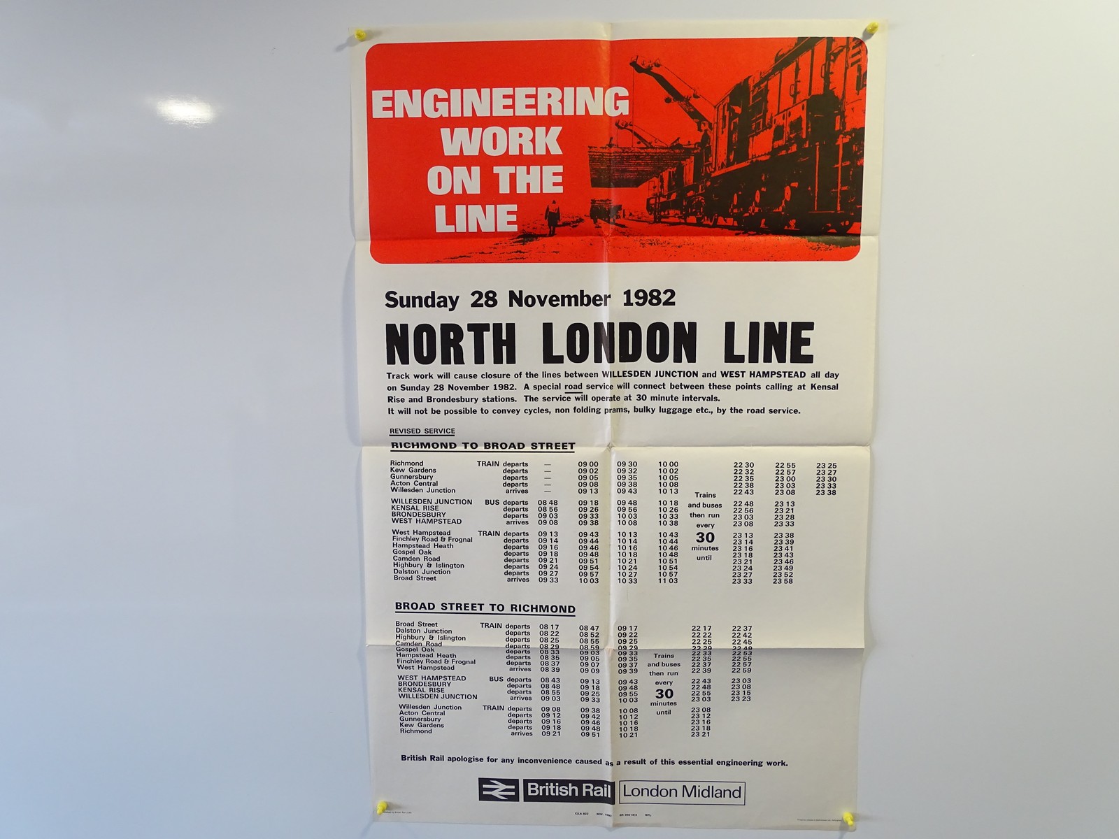 North London timetable for engineering works in 1982. The timetable shows trains from Broad Street to West Hampstead, bus to Willesden Junction and then train to Richmond.